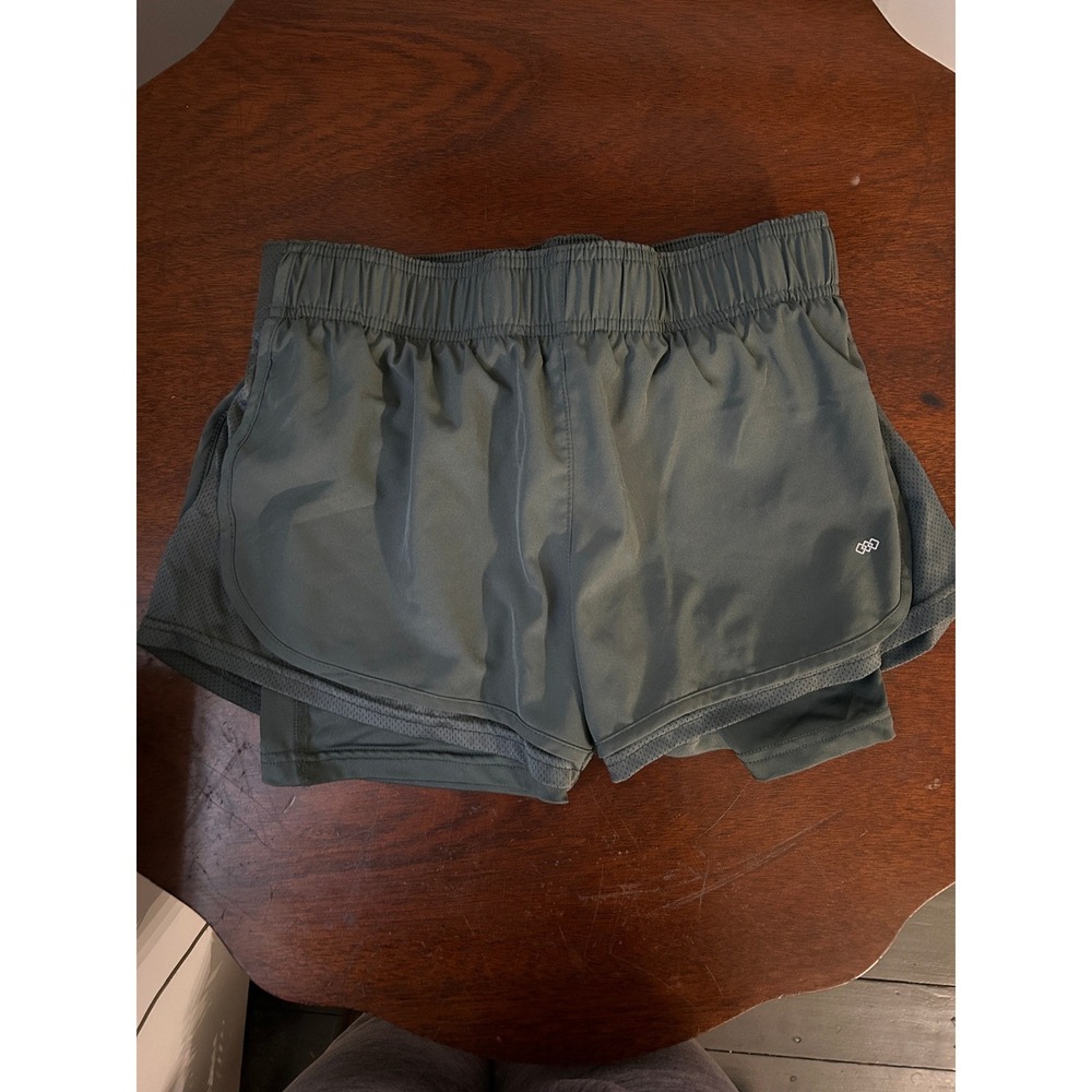 Leg3nd Womens Small Olive Green Double Layer Athletic Running Shorts Mesh Trim